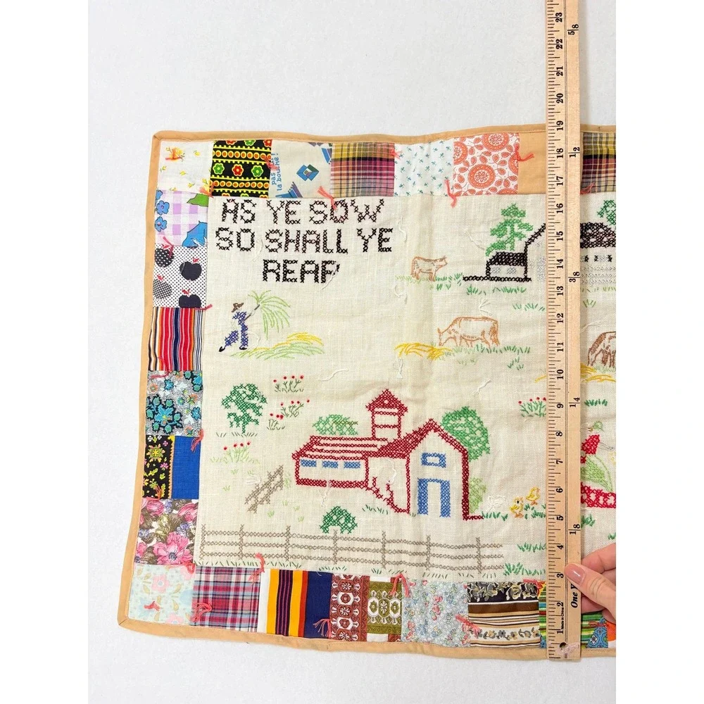 VTG Handmade Cross Stitch Quilted Patchwork Farmhouse Wall Hanging Galatians 6:7
